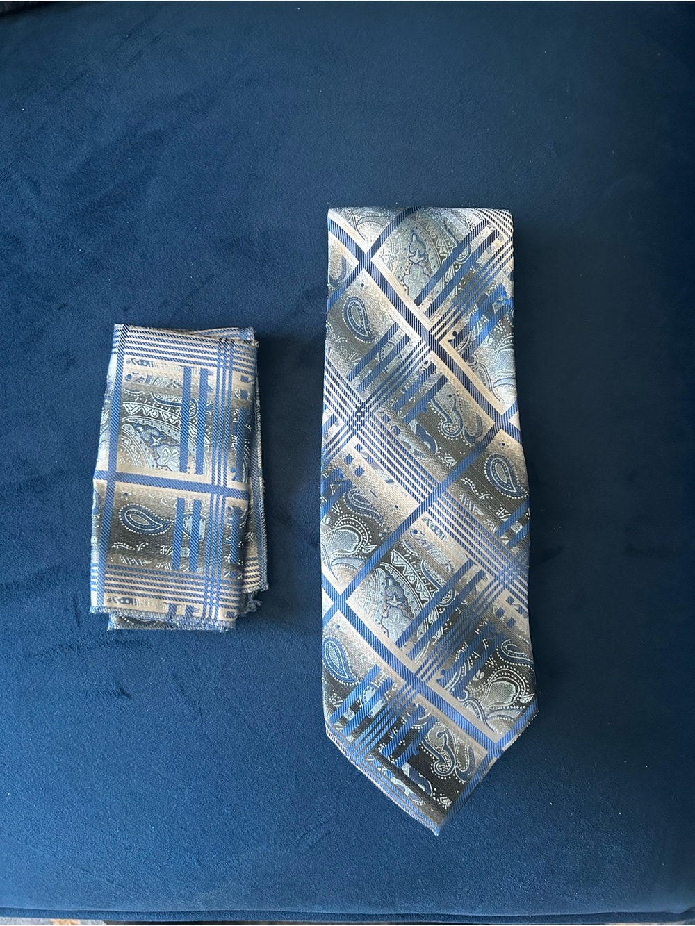 Classic Blue and Silver Paisley Men's Tie and Pocket Square Set